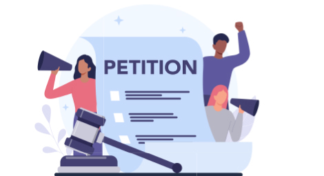 A drawing of a petition with a gavel and three people using megaphones 